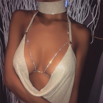 Elegant Metal Crop Top Summer Sexy Club Backless Bralette Beach Halter Gold Sequined Party Women Tank Top Camisole Black Gold Silver
